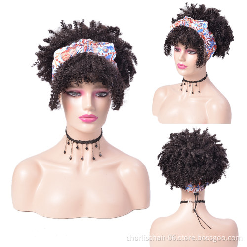 New Arrival Blonde Short Fluffy Kinky Curly Turban Wig With Bangs Cheap Afro Headband Wigs Synthetic Hair Wigs For Black Women